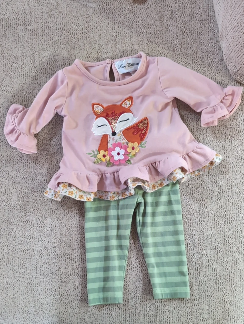 Rare Editions Baby Girl Pink Fox Ruffle Top with Green Striped Leggings